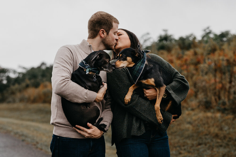 Engagement photo with two puppies kissing at Melton Hill